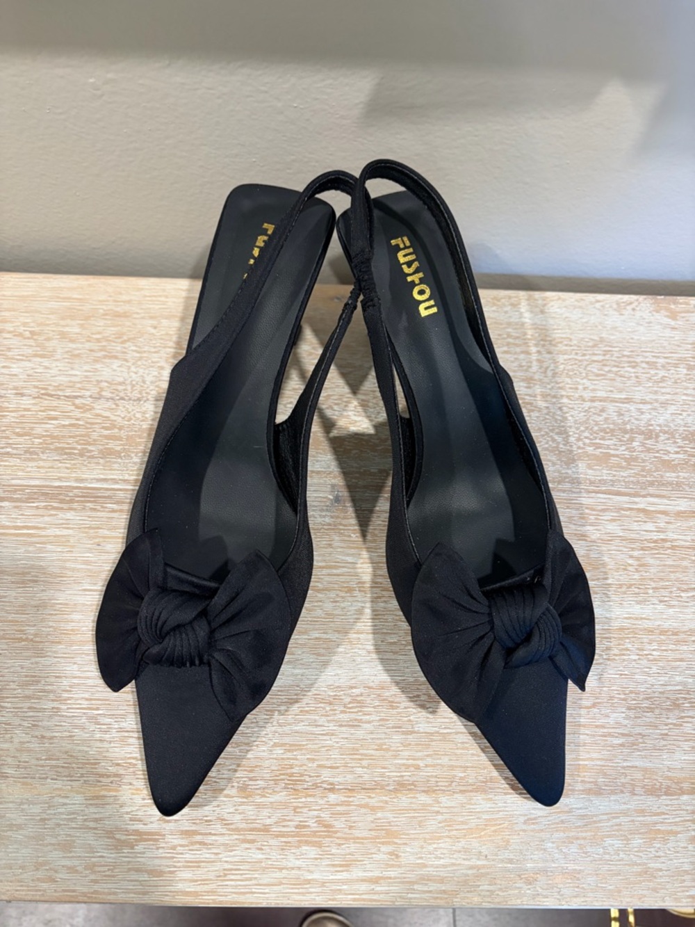 Black Slingback Pointed Toe Heels with Knot Bow
